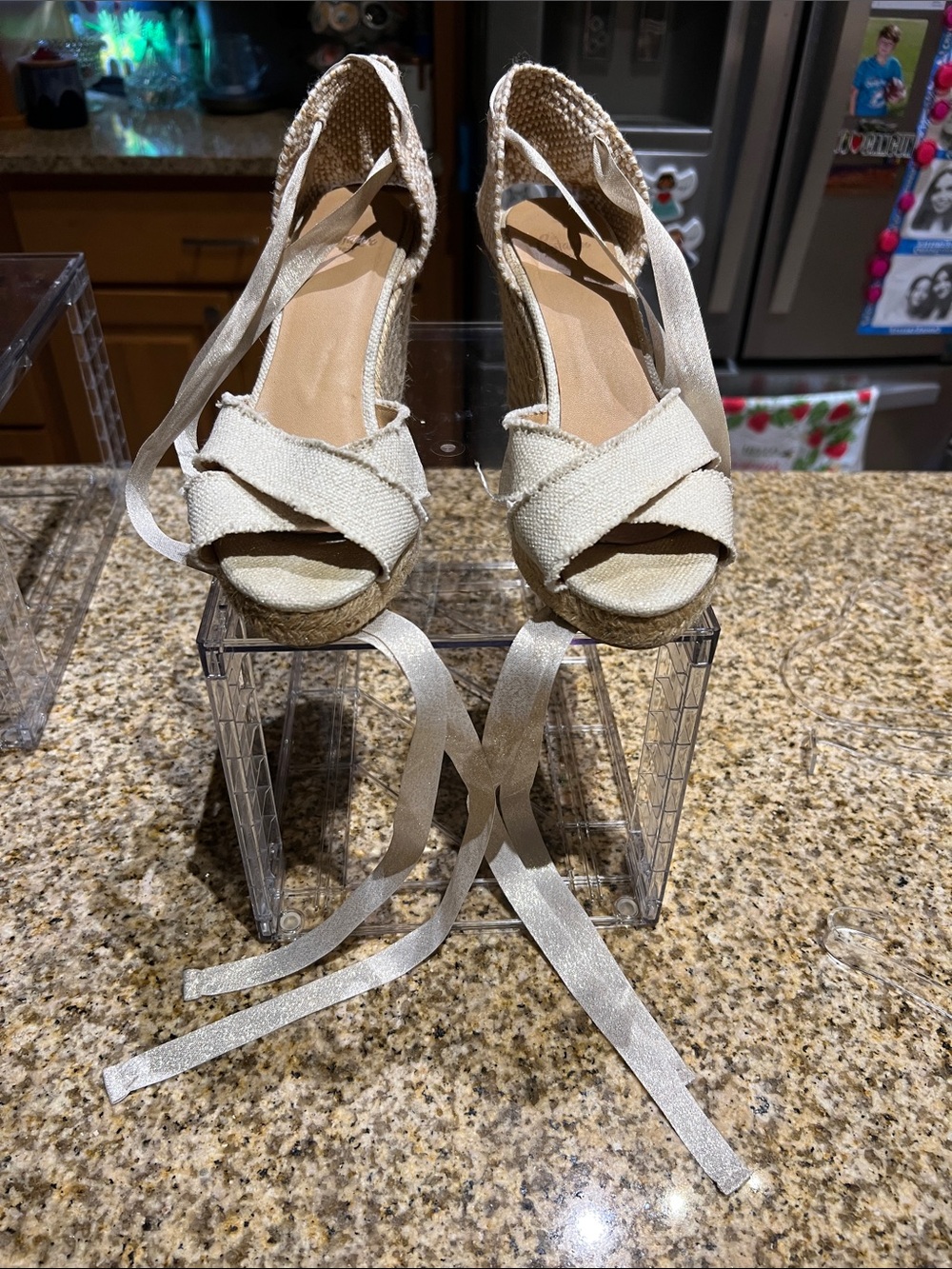 Lace-Up Cream Espadrille Wedge Sandals